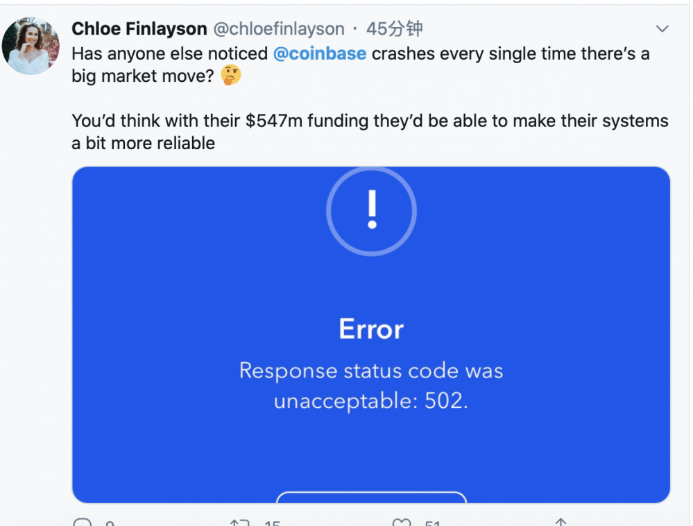 比特币1小时跳水近1500美元，Coinbase学会拔网线了？1