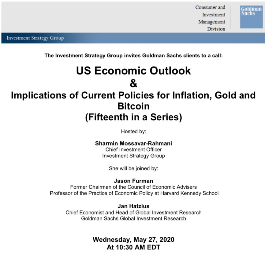 高盛举行电话会议:讨论通货膨胀,黄金和比特币 高盛举行电话会议:讨论通货膨胀,黄金和比特币