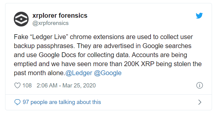 谷歌的扩展程序假装是莱杰的官方身份，140万XRP被盗