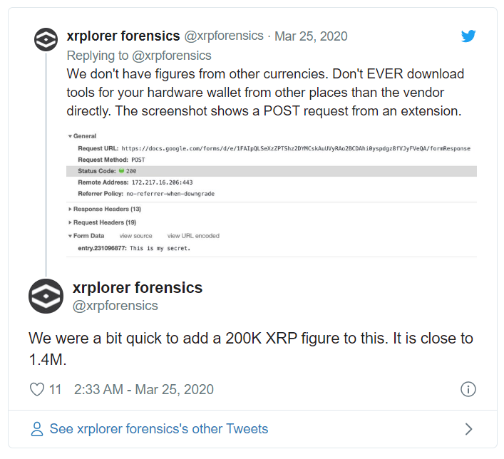 谷歌的扩展程序假装是莱杰的官方身份，140万XRP被盗1