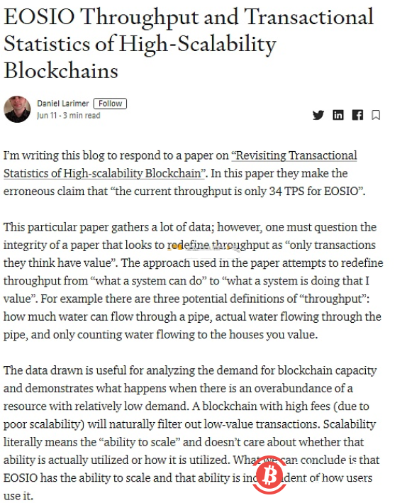 BM回应eosio的吞吐量太低的问题,称eosio的规模容量与使用方式无关 BM回应eosio的吞吐量太低的问题,称eosio的规模容量与使用方式无关