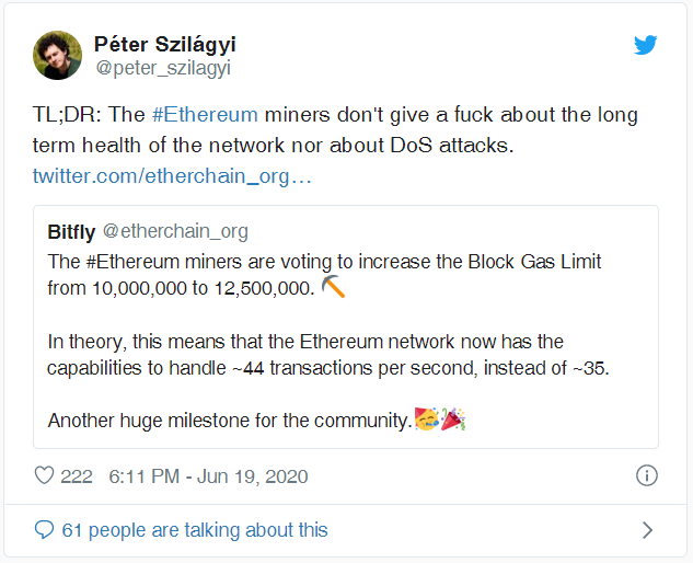 以太坊矿工提议将上限提高到1,250万瓦斯，Vitalik反对以以太坊吞吐量提高44TPS增加瓦斯上限的缺点以太坊 Layer2解决可扩展性问题3
